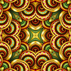 Colored Seamless Tile Pattern, Fantastic Kaleidoscope. Endless Ethnic Texture with Abstract Design Element. Khokhloma, Gypsy, Paisley Garden Style. Realistic Glossy Ornament. Vector 3d Illustration