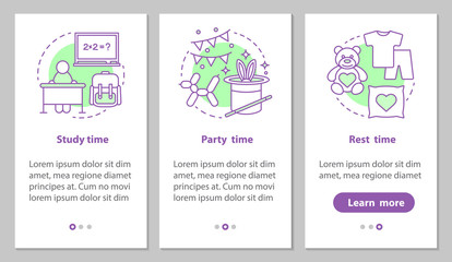 Study, party and rest time onboarding mobile app page screen wit