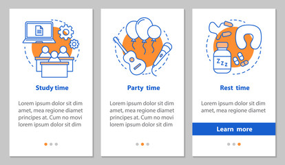 Naklejka premium Study, party and rest time onboarding mobile app page screen wit