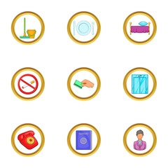 Hotel service icons set. Cartoon set of 9 hotel service vector icons for web isolated on white background
