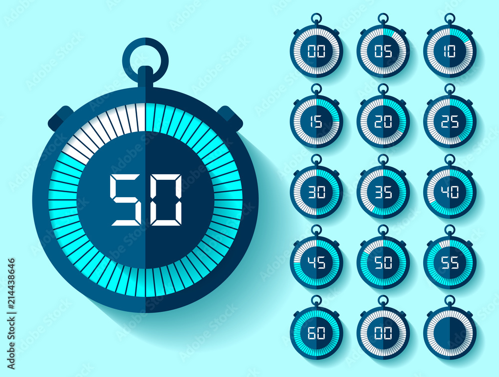 Poster stopwatch icons set in flat style from 0 to 60, timers on blue background. sport speed clock. vector