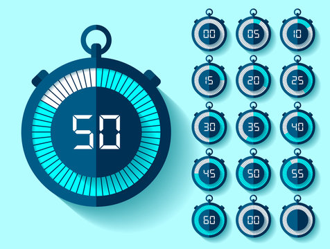Stopwatch icons set in flat style from 0 to 60, timers on blue background. Sport speed clock. Vector design element for you business project 