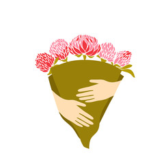 Bouquet of clover in the hands. Vector illustration.