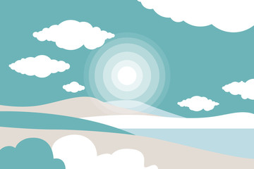 Mountain landscape with a lake. Sky with clouds. Summer nature. Travel, outdoor activities, outdoor sports, vacation. Flat style. Vector illustration.
