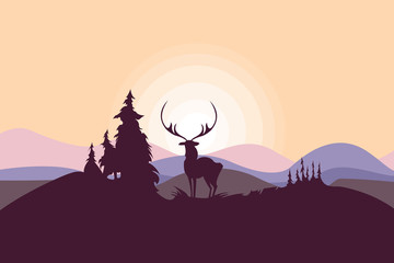 Mountain landscape with deer. Summer nature. Travel, outdoor activities, outdoor sports, vacation. Flat style. Vector illustration.
