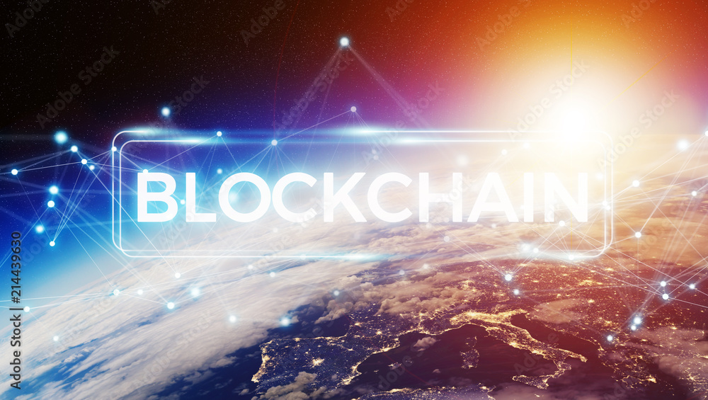 Poster blockchain on planet earth 3d rendering