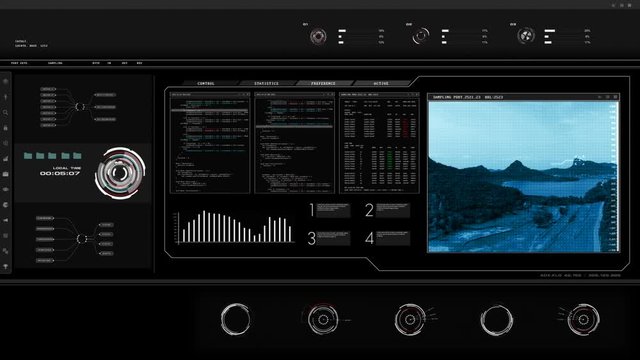 4K UI User Interface with HUD pi bar text box table black background for cyber technology and futuristic concept with grain processed