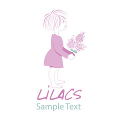 Little girl with lilacs bouquet. Logo design. Text hand drawn.