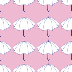 Seamless pattern with doodle umbrellas. For fabric, textile, wallpaper, wrapping paper. Vector Illustration. Hand drawn sketch. White elements on pink background.