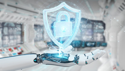 White humanoid hand using web security 3D rendering