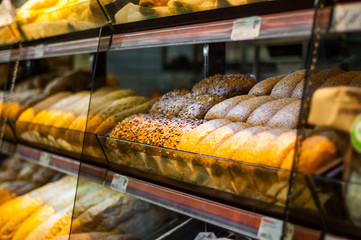 shelves with bread in a supermarket
