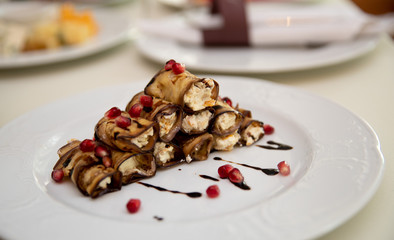 Table setting, dishes. Appetizers on skewers, desserts. Salads. Snacks. Buffet. meat salad