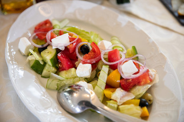 Table setting, dishes. Appetizers on skewers, desserts. Salads. Snacks. Buffet. meat salad