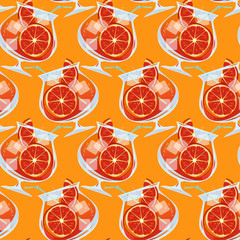 Aperol Spritz cocktail with a slice of orange. Traditional summer drink. Seamless background pattern.