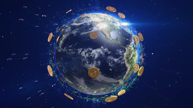 Bitcoin Digital Crypto Currency Rotating Around Earth - 4K 3D Animation