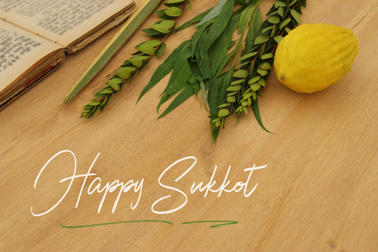 Jewish festival of Sukkot. Traditional symbols (The four species): Etrog, lulav, hadas, arava.