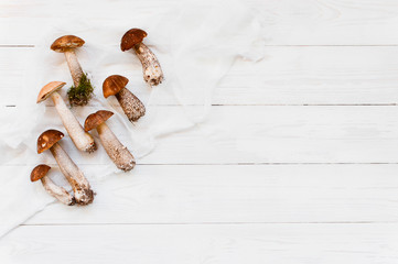 Background with autumn mushrooms on the textured white table