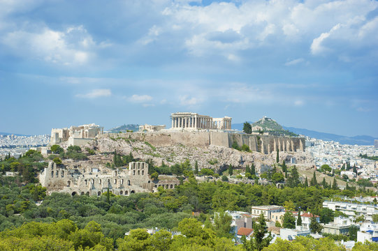 View of Acropolis from Philopappos hill on a sunny summer day, Athens, Greece