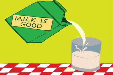 Hand illustration of milk is good on yellow wall background. Poster, banner, card.