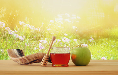 Rosh hashanah (jewish New Year holiday) concept. Traditional symbols.