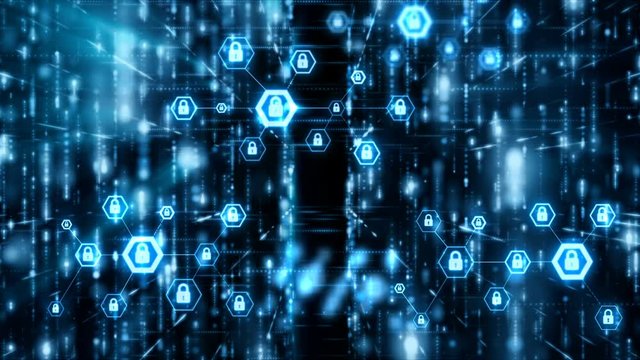 4K Network security concept Abstract background lock pad in the hexagon shape with connection line particle and lighting effect floating and flow with dark and grain processed