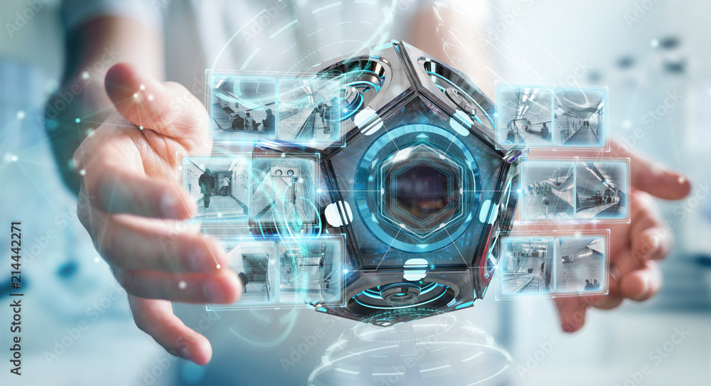 Poster businessman using futuristic drone security camera 3d rendering