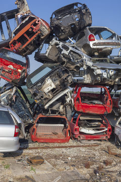 Big pil of old cars are waiting for recycling