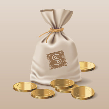 Bag with realistic coins vector illustration