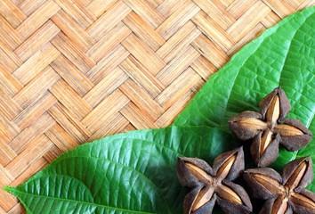 Seeds inca peanut or sacha peanut or sacha inchi or mountain peanut place on the wooden background. 