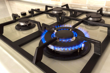Closeup shot of blue fire from domestic kitchen stove top. Gas cooker with burning flames of...