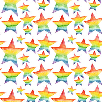 Hand painted watercolor seamless pattern with rainbow stars isolated on white 