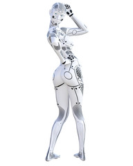 Robot woman. Metal droid. Artificial Intelligence. Conceptual fashion art. Realistic 3D render illustration. Studio, isolate, high key.