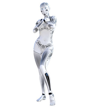Robot woman. Metal droid. Artificial Intelligence. Conceptual fashion art. Realistic 3D render illustration. Studio, isolate, high key.