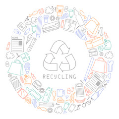 Recycling diagram with trash and lettering. Linear style vector illustration