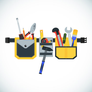 Tool belt. Conceptual image of tools for repair, construction and builder. Concept image of work wear. Cartoon flat vector illustration. Objects isolated on a background.