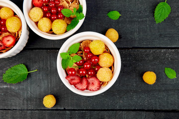 ..Healthy breakfast on white bowls.