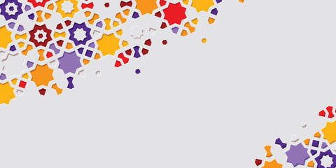 Arabic arabesque design greeting card for Ramadan Kareem. Islamic ornamental colorful detail of mosaic. Vector illustration.