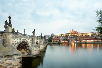 Charles bridge and Prague castle on evening