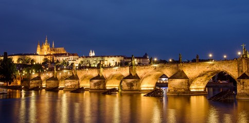Charles bridge and Prague castle on evening