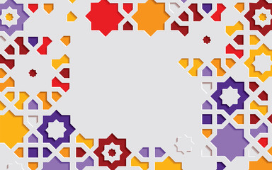 Arabic arabesque design greeting card for Ramadan Kareem.Islamic ornamental colorful detail of mosaic. Background vector illustration.