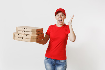 Woman in red cap, t-shirt giving food order pizza boxes isolated on white background. Female pizzaman working as courier or dealer holding italian pizza in cardboard flatbox. Delivery service concept.