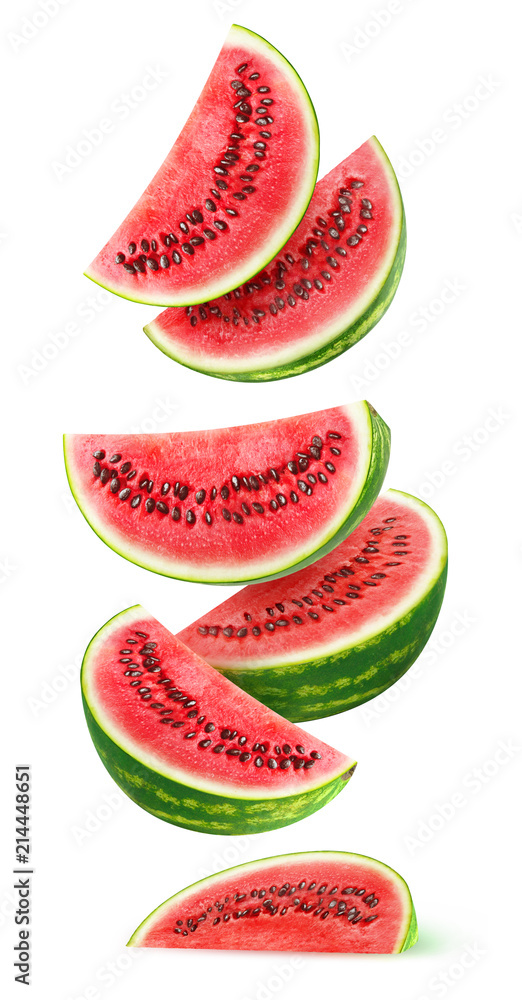 Poster isolated watermelon slices. pieces of watermelon fruit flying in the air isolated on white backgroun