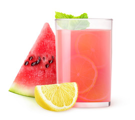 Isolated drink. Glass of watermelon lemonade with fresh fruits and mint leaf isolated on white...