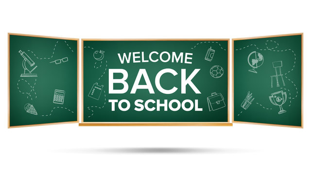 Back To School Banner Vector. Green. Classroom Chalkboard. Doodle Icons. Sale Flyer. Welcome. Retail Marketing Promotion. Realistic Illustration