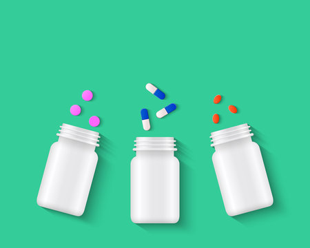 Pills, tablets and capsules with white pill bottles on green background. Assorted pharmaceutical medicine concept, top view. Realistic vector illustration.