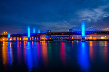 The Pearl Harbor Memorial Bridge at night in New Haven, Connecticut