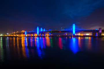 The Pearl Harbor Memorial Bridge at night in New Haven, Connecticut