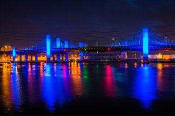 Fototapeta na wymiar The Pearl Harbor Memorial Bridge at night in New Haven, Connecticut