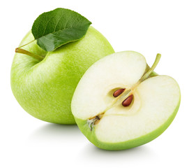Ripe green apple fruit with apple half and green leaf isolated on white background. Apples and leaf with clipping path