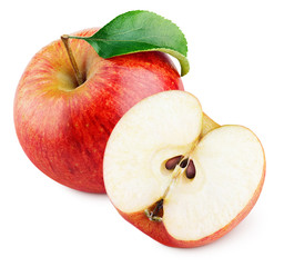 Ripe red apple fruit with apple half and green leaf isolated on white background. Red apples and leaf with clipping path